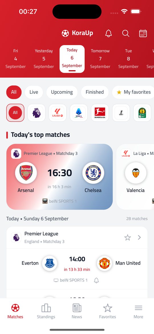 KoraUp app: today’s matches with live scores and TV channels